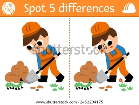 Find differences game for children. Construction site educational activity with boy digging pit. Cute puzzle for kids with funny worker. Printable worksheet or page for logic and attention skills
