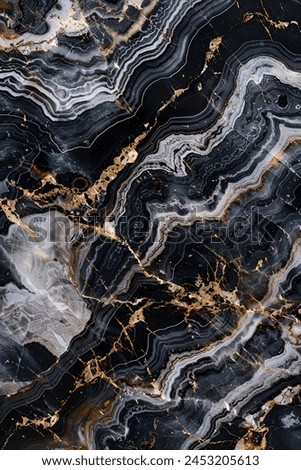 high-resolution image beautifully captures the natural elegance of dark marble, adorned with a complex network of white and gold veins. The detailed pattern exudes luxury 