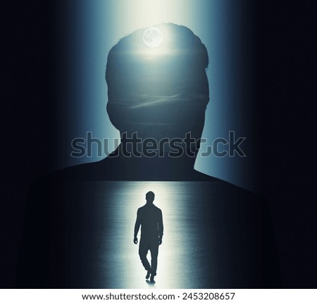 Man, silhouette or moon as mystery, thriller or science fiction as vision of dark horror story. Person, figure or night as creative, art or design of mind, shadow or double exposure reflection mockup