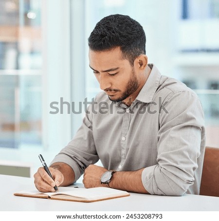 Man, notebook and office with writing for research in business with planning for startup. Schedule, career and design with agenda for listings in company for report with creative tactics in workplace Royalty-Free Stock Photo #2453208793