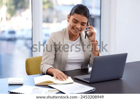 Phone call, discussion and business woman in office for conversation, communication or planning agenda. Notebook, laptop and consultant taking on smartphone for networking, appointment or schedule Royalty-Free Stock Photo #2453208949