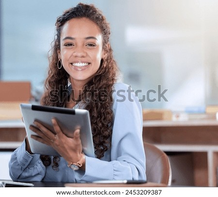 Black woman, portrait and typing on tablet in office, smile and networking on app. Female person, happy and website for research and check email, planning agenda and consultant for communication Royalty-Free Stock Photo #2453209387