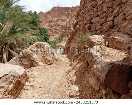 On the way to the Upper Todgha Gorges in Tinerhir, there are valleys, trees, and winding roads. In the straits, many traditional clothes, jewelry, natural stones, and fossils are sold. Royalty-Free Stock Photo #2453211593