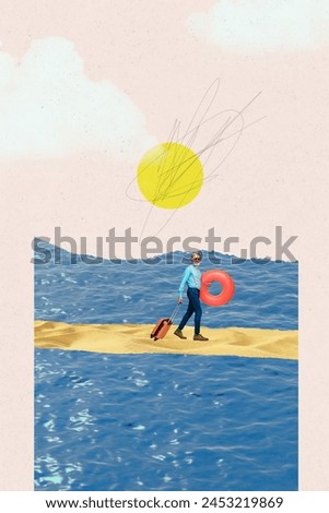 Vertical collage picture walking pensioner sunglass valise tourist travel agency booking sand beach seaside ocean sunny weather
