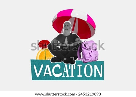 Composite photo collage of peaceful old man do yoga meditation umbrella flower gerbera orange fruit vacation isolated on painted background