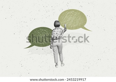 Composite photo collage of stylish girl stand back touch text box bubble communication dialogue cloud speak isolated on painted background