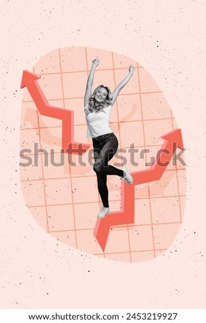 Vertical creative picture collage young cheerful woman dynamic progress arrows dancing checkered background progress achieve goal aim dream