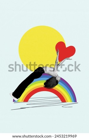 Vertical collage image of black white effect girl hands hold heart symbol above rainbow isolated on painted blue background