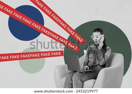 Magazine picture sketch collage image of impressed lady worker getting fake news messages isolated grey color background