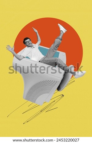 Collage artwork graphics picture of excited funky guy sitting inside obsolete screen isolated yellow color background
