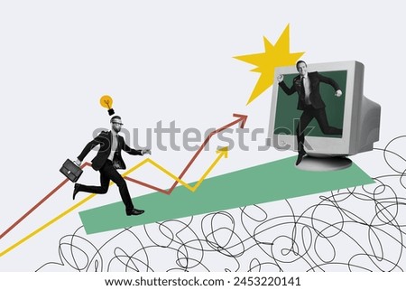 Creative collage picture running young businessman diplomat suitcase dynamic arrow computer monitor achievement reach top drawing doodles