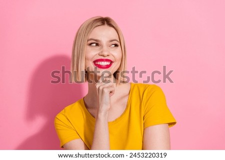 Photo of dreamy cute lady dressed yellow t-shirt arm chin looking empty space isolated pink color background Royalty-Free Stock Photo #2453220319