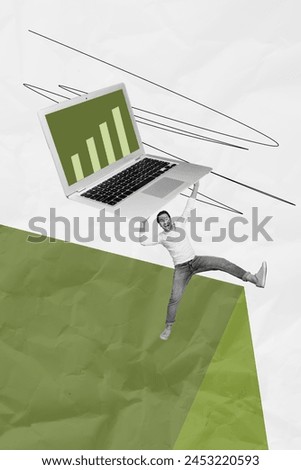Exclusive picture sketch collage image of excited worker showing modern gadget start up presentation isolated creative background
