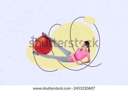 Creative collage picture young fits sportive girl exercise practicing warmup apple fresh fruit healthcare coach drawing background