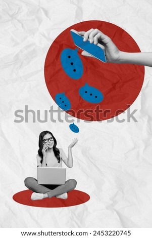 Vertical photo collage of happy girl hold macbook phone conversation operator call center line text box talk isolated on painted background