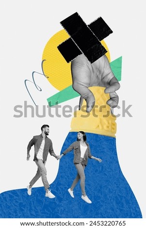 Trend composite collage of silhouette black white bonding couple man lady walk together date abstract picture ice cream cone in huge hand