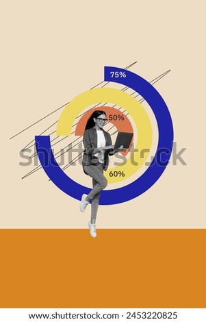Vertical creative abstract composite photo collage of happy woman watch investment statistic on laptop isolated on painted background