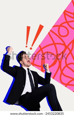 Vertical photo collage of happy excited businessman jump show fist triumph receive promotion development isolated on painted background