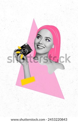 Vertical image picture young pretty girl painted hair camera shooting photo session capture lens objective drawing background