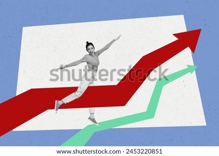 Creative collage picture happy young joyful girl ambitious reach goal target aim increase self development drawing background