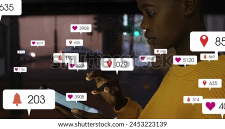 Image of notification bars over african american girl scrolling on digital tablet in bus. Digital composite, multiple exposure, childhood, social media reminder, transportation and technology.