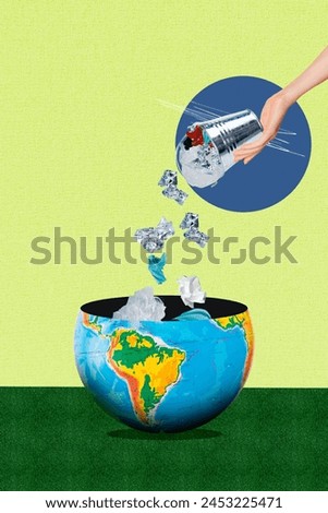 Vertical photo collage of hand pour litter cellophane wrapper half globe planet environment dump trash isolated on painted background