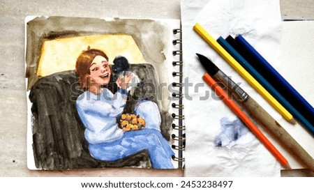 Happy girl sitting in side car holding cute black and white poodle puppy. Female person admiring small dog. Watercolor sketching journal. Sketchbook drawing. Soft focus. film grain pixel texture.