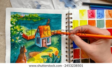 Bright colorful watercolor illustration with house and ginger cat. Teal orange aquarelle sketch. POV drawing in sketchbook. Soft focus. film grain pixel texture. Defocused.