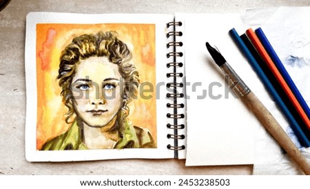 Bright portrait of young woman hand drawn with watercolor paint and color pencils on paper. Blonde girl painting in sketchbook. Soft focus. film grain pixel texture. Defocused.