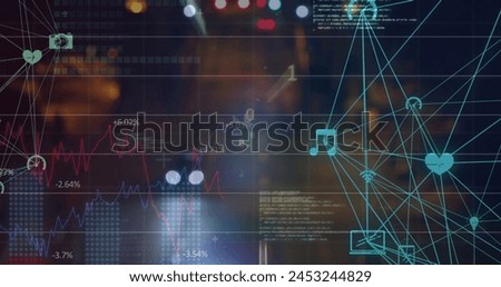 Image of data processing and network of connections with icons over cars on street. Global business, finances and digital interface concept digitally generated image.