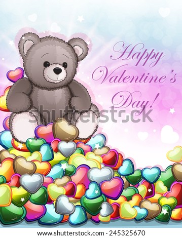 Valentine teddy bear on a pile of hearts. Valentine card