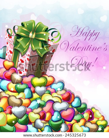Valentines day gift box with green bow on a pile of hearts. Valentine card