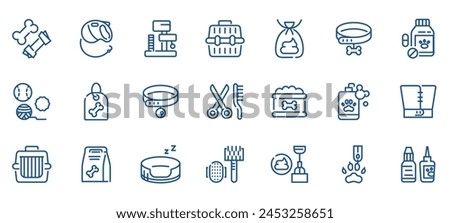 Pet Care and Accessories Icon Set: Essentials for Dogs and Cats. Features Toys, Food, Grooming Tools, Vet Supplies, and Medications. Editable Icons for Pet Shops, Veterinary Care, and Animal Hygiene. Royalty-Free Stock Photo #2453258651