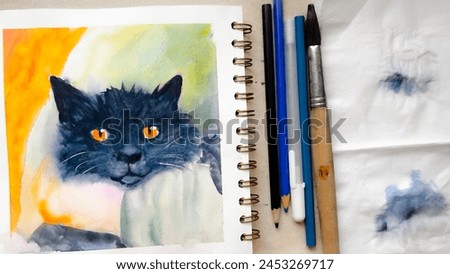 Watercolor sketch of black cat on paper. Aquarelle fluffy kitty in sketchbook. Hand drawn watercolour illustration of feline creature. Soft focus. film grain pixel texture. Defocused.