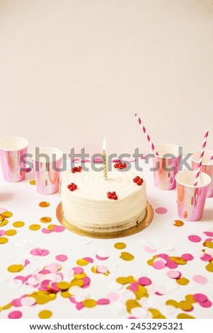 The image features a celebration scene with a white frosted cake at the center, decorated with a ring of red berries on top and a lit birthday candle in the middle, giving the scene a festive look. Su