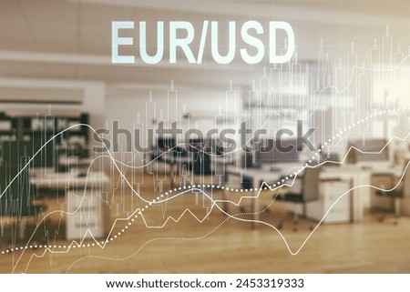 Double exposure of abstract virtual EURO USD forex chart hologram on modern corporate office background. Banking and investing concept