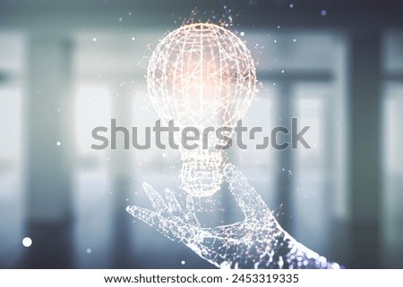 Abstract virtual light bulb illustration on modern interior background, future technology concept. Multiexposure