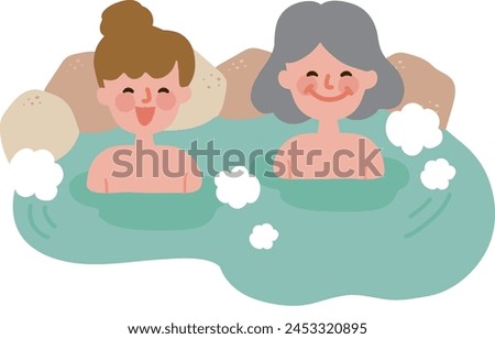 Clip art of parent and child bathing in hot spring