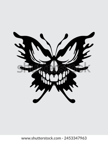 Skull head butterfly illustration vector clip art element sticker, tattoo, t shirt design, gothic, demon, angry face editable