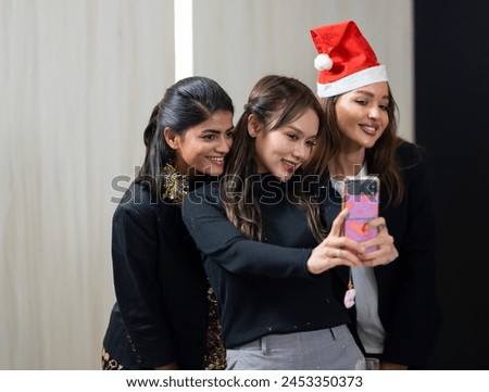 Business people taking selfie - Business party and success celebration.  Group of diverse business people colleagues or employees together drinking champagne at event party. achievement