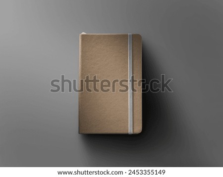 Mockup of closed craft notebook, top view, with white elastic band, bookmark, textured hard cover, shadows on background. Notepad template, presentation for advertising. Organizer for design.