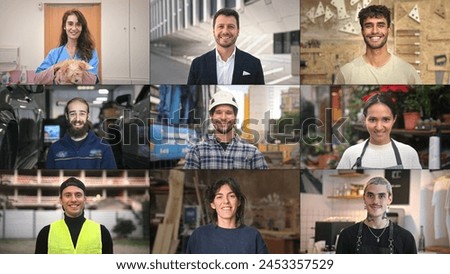 Many different professions collage. Happy people portraits mix. Lot smiling workers. Joy employee team work. Faces staff multi screen. Various job split. Young adult guy girl group. Man race diverse. Royalty-Free Stock Photo #2453357529
