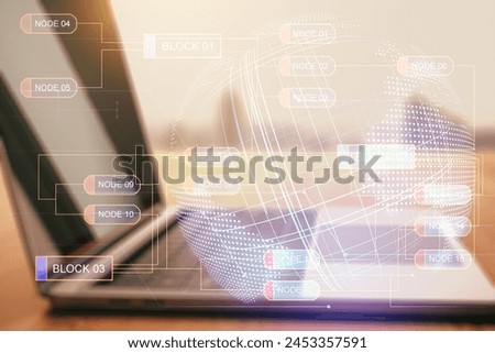 Abstract creative coding concept with world map on modern laptop background. Multiexposure