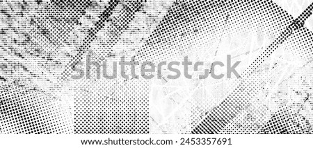 Halftone grunge punk texture. Distorted rough dirty scratch and splash background. Dotted glitch wallpaper for banner, poster, flyer, print, overlay. Distress scuffed vector textured backdrop