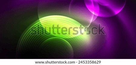 A vibrant pattern of glowing green and purple circle on a dark purple background, creating a stunning display of colorfulness and artistry