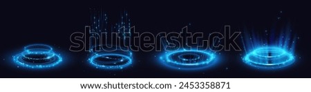 Blue light portal effect with magic neon glow. Tech hologram teleport. Energy ring for game. 3d power vortex pedestal. Abstract luminous futuristic product stage with line swirl and circular sparkle