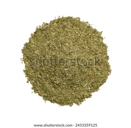 top view flat lay overhead pile of dry yerba mate tea isolated on white background. heap of dry yerba mate tea isolated. yerba mate leaves Royalty-Free Stock Photo #2453359125
