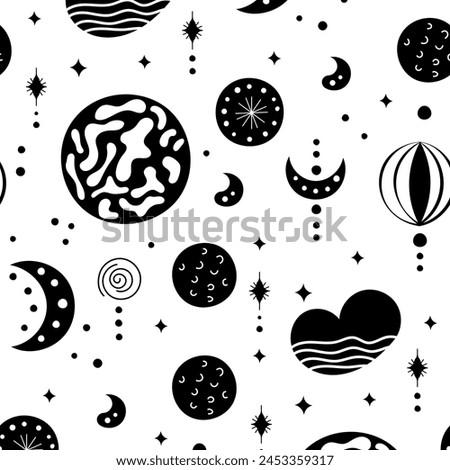 Seamless neo folk patterns with moon, cloud, sun and stars, black and white celestial design. Set Neo folk style endless backgrounds perfect for textile design Royalty-Free Stock Photo #2453359317