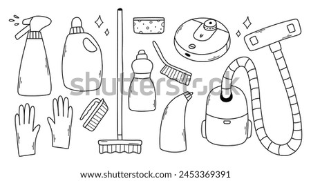 Set of cleaning elements. Vector collection of clip art cleaning in doodle style.