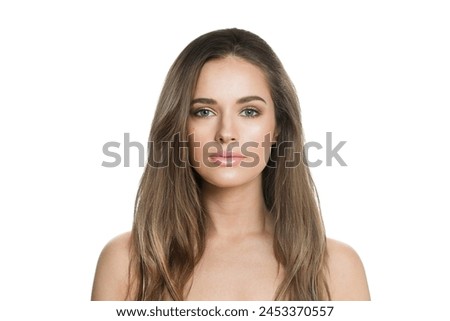 Portrait of young happy woman model with natural make-up, clean healthy fresh skin and long hair isolated on white background. Curly, haircare, skincare and facial treatment concept